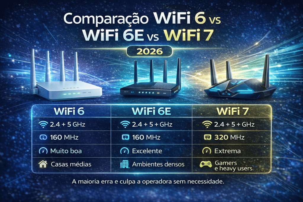 Comparação WiFi 6 vs WiFi 6E vs WiFi 7 2026